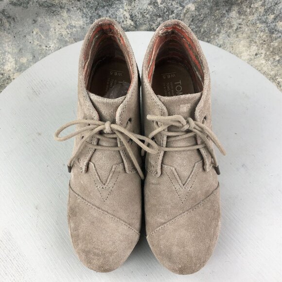 Toms Women's Size 6.5 Desert Taupe Brown Suede High Heel Wedge Ankle Booties - Picture 3 of 13